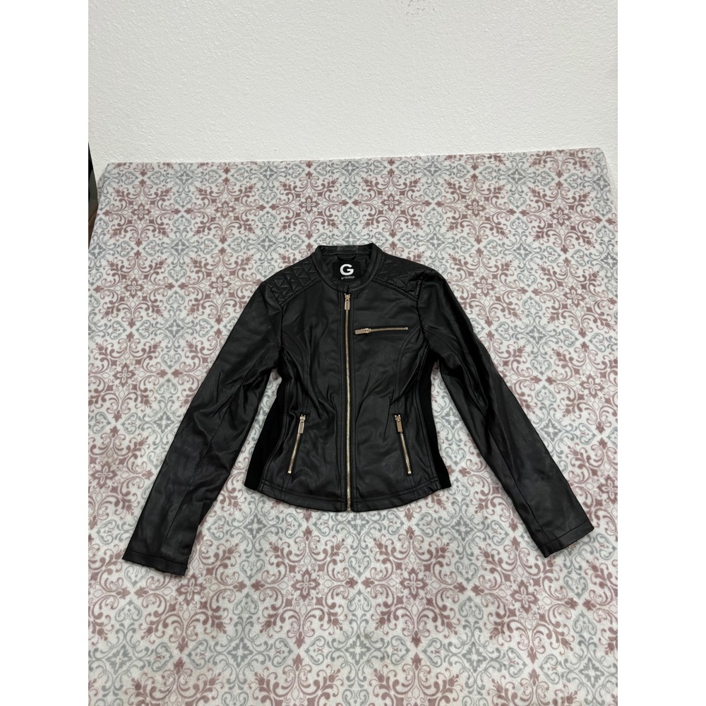 G by GUESS Womens Black Faux Leather Moto Jacket Quilted Rose Gold Zip Small
